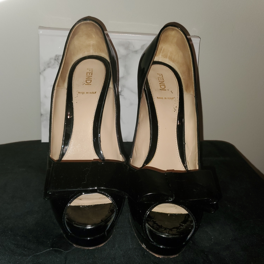 Fendi Black Patent Leather Peep Toe Heels